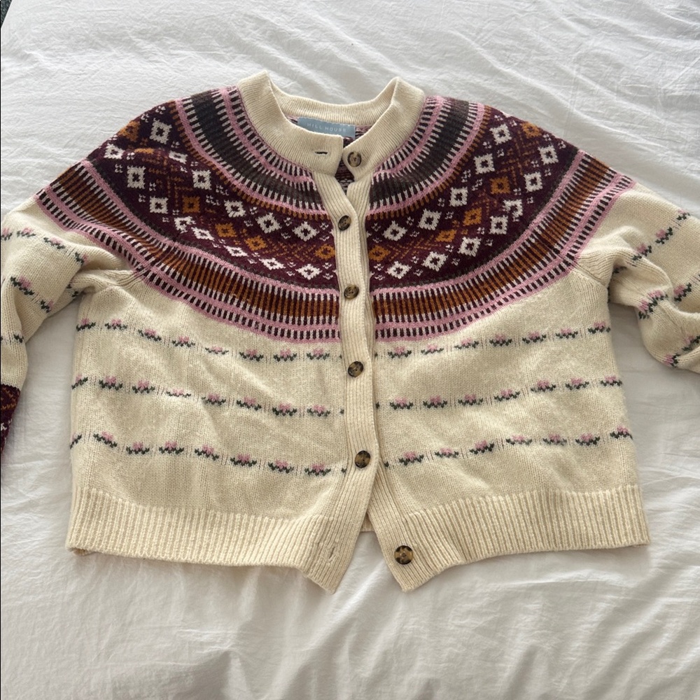 Hill House Cream Cardigan with Pink and Burgundy Fair Isle Yoke